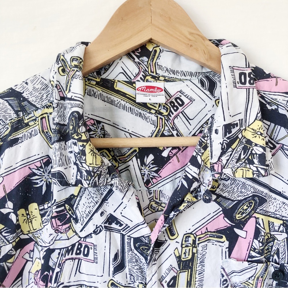 MAMBO Mens Size L Black White Cotton Button Down Short Sleeve Shirt Quirky Beach - Picture 4 of 10